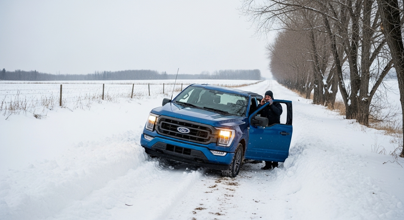 a 2023 blue f-150 stuck in the ditch near Edmonton