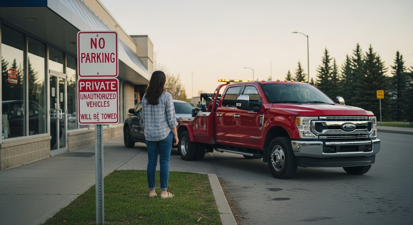 unauthorized vehicle being towed in front of local Edmonton business.