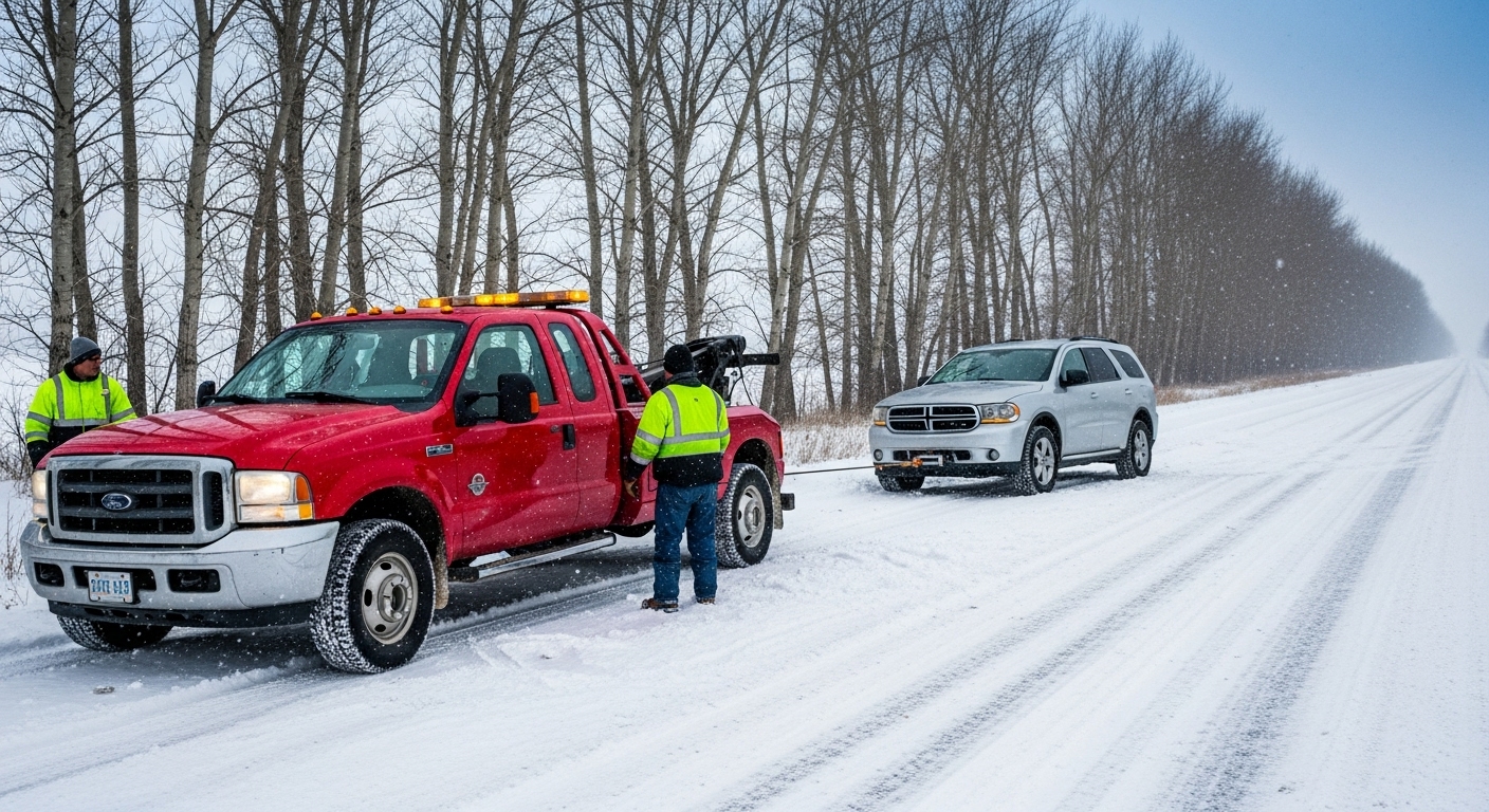 snowy edmonton road, winch out service edmonton rescuing a silver dodge durango