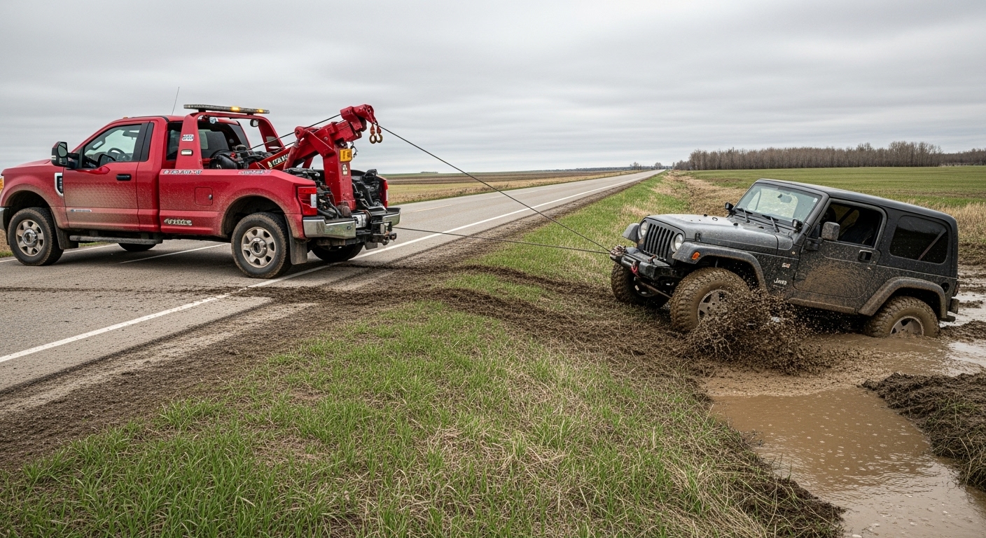 winch out service Edmonton, helping a stuck jeep out of the mud